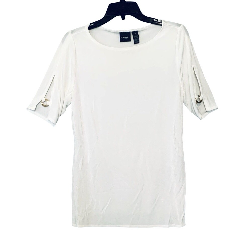 Chico’s Travelers White Crew Neck Long Top Women's Sz 0 (US Small) Split Sleeves
